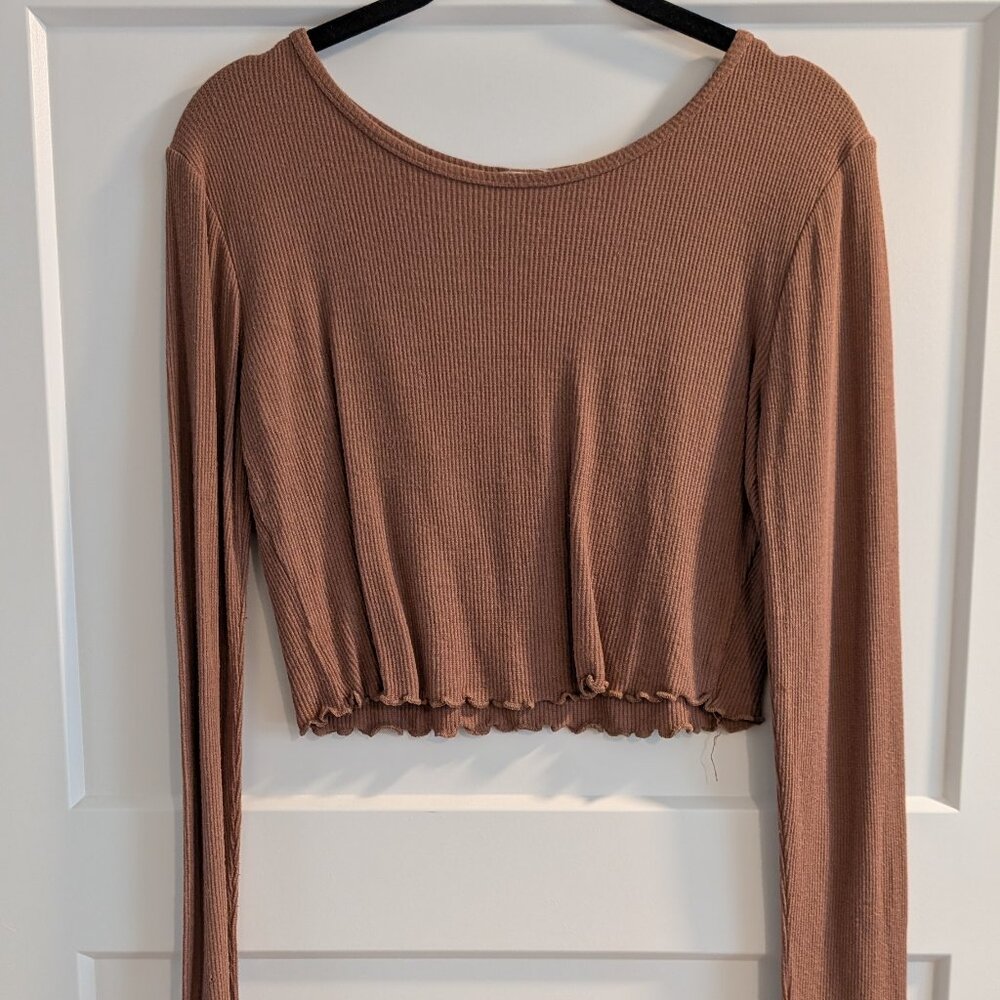 Cropped Long Sleeve Brown Lettuce Hem Waffle Tee